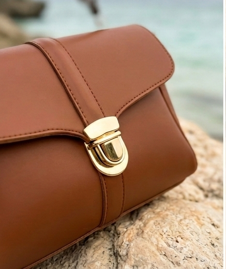 Cognac Brown Structured Satchel — Flap Lock Top Handle Crossbody Bag