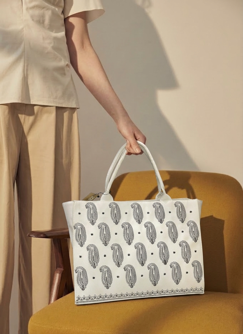 Ivory Paisley Embroidered Tote Bag