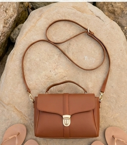 Cognac Brown Structured Satchel — Flap Lock Top Handle Crossbody Bag