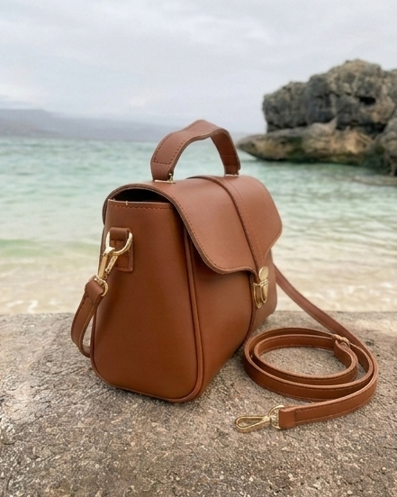 Cognac Brown Structured Satchel — Flap Lock Top Handle Crossbody Bag