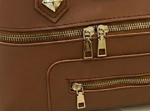 Mocha Brown Multi-Zip Mini Handbag — Structured Top Handle Bag