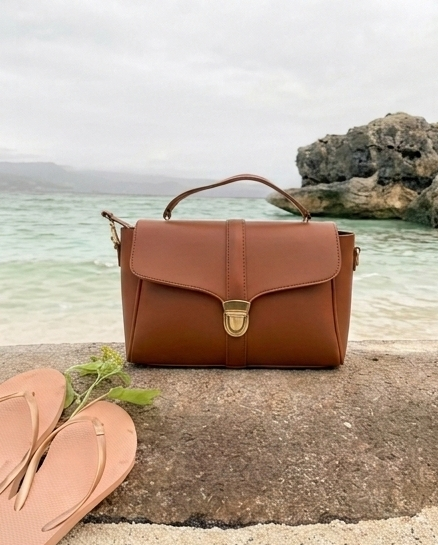 Cognac Brown Structured Satchel — Flap Lock Top Handle Crossbody Bag