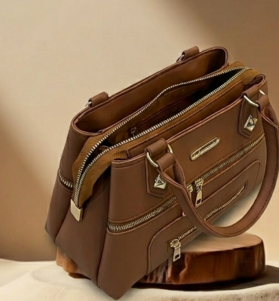 Mocha Brown Multi-Zip Mini Handbag — Structured Top Handle Bag