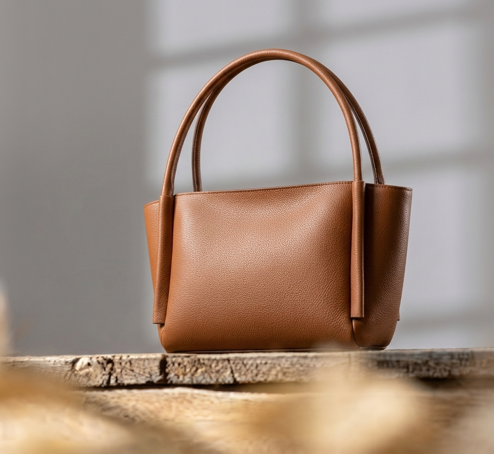 Tan Brown Pebbled Leather Open-Top Tote — Minimalist Shoulder Bag