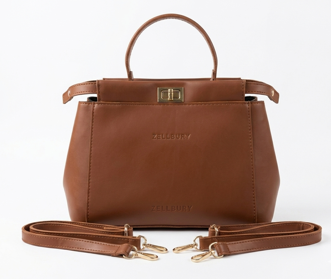 Tan Brown Mini Satchel — Top Handle Lock Bag with Shoulder Strap