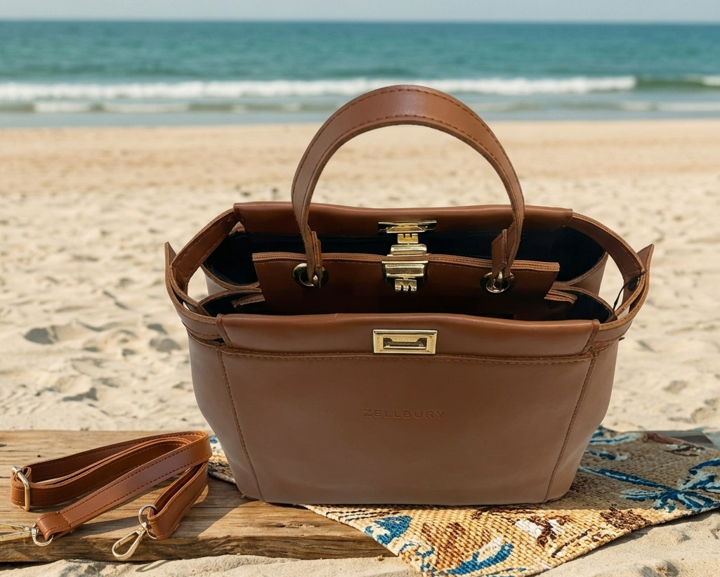 Tan Brown Mini Satchel — Top Handle Lock Bag with Shoulder Strap