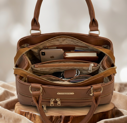 Mocha Brown Multi-Zip Mini Handbag — Structured Top Handle Bag
