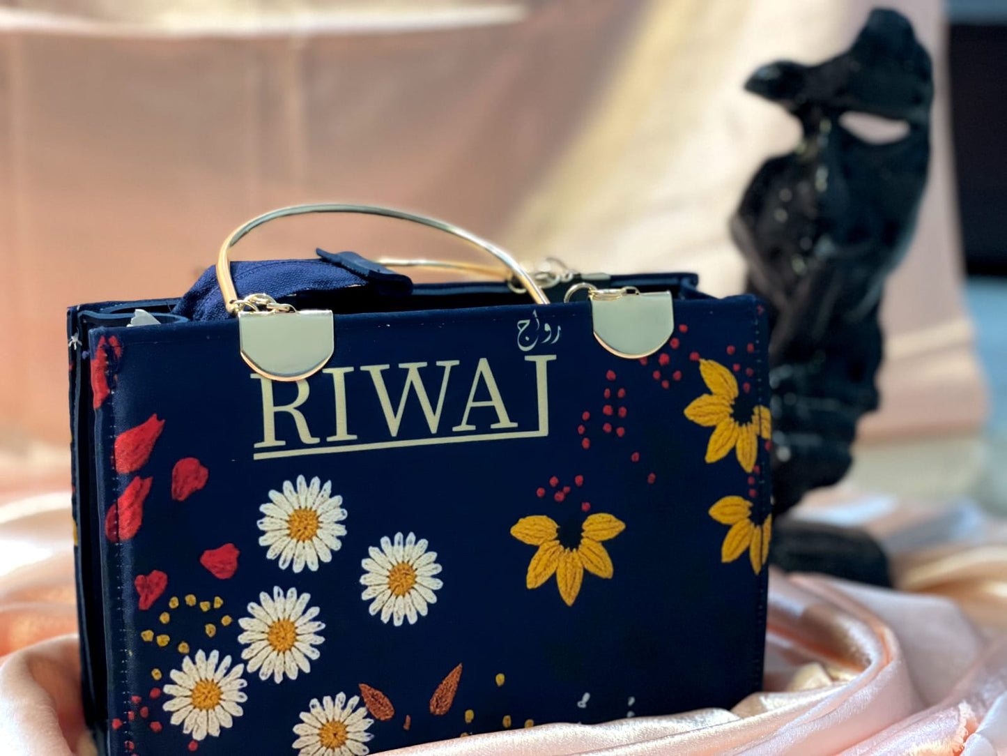 Riwaj Floral Embroidered Box Clutch — Midnight Navy