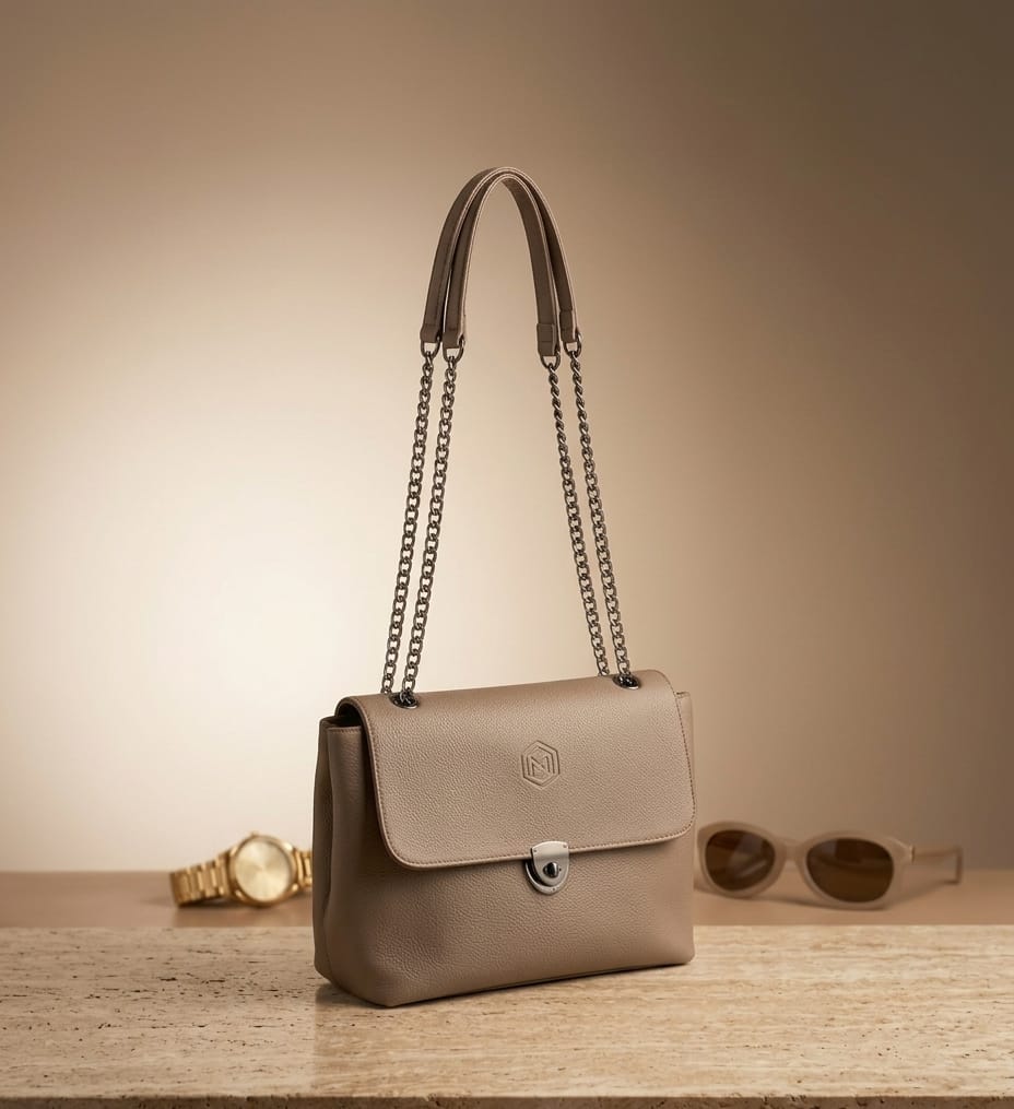 Majestic Taupe Textured Leather Shoulder Bag with Gold Chain