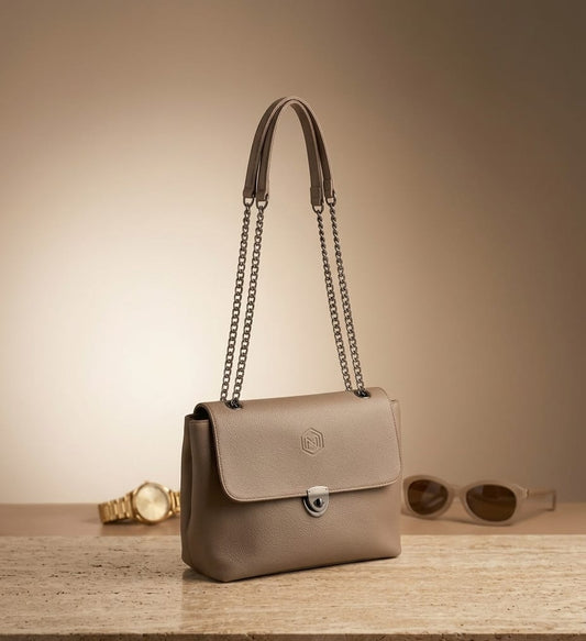 Majestic Taupe Textured Leather Shoulder Bag with Gold Chain
