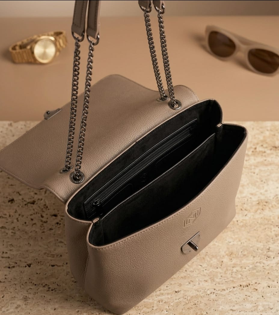 Majestic Taupe Textured Leather Shoulder Bag with Gold Chain