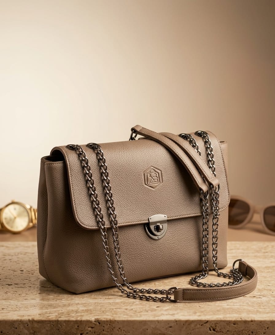 Majestic Taupe Textured Leather Shoulder Bag with Gold Chain
