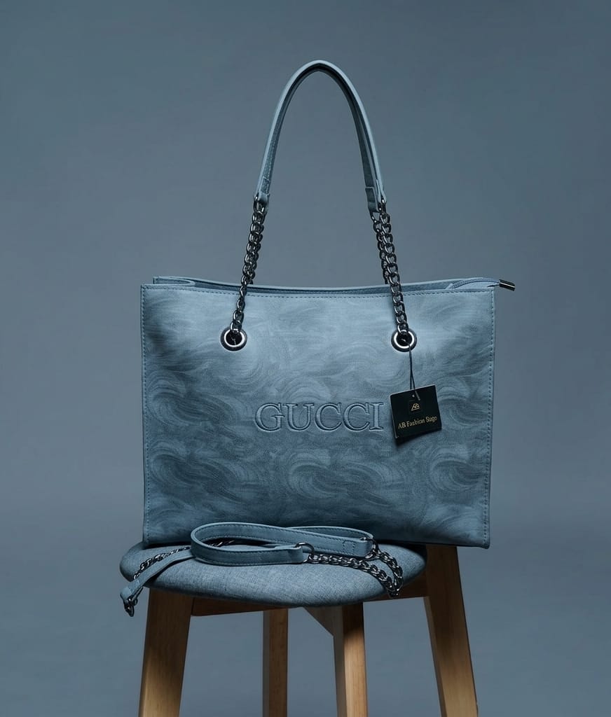 Slate Blue Swirl-Patterned Tote — Dual Chain Shoulder Bag with Crossbody Strap