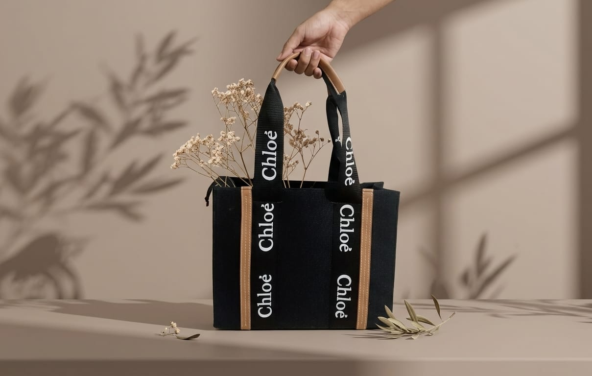 Black Canvas Tote with Tan Leather Trim & Logo Strap Detail
