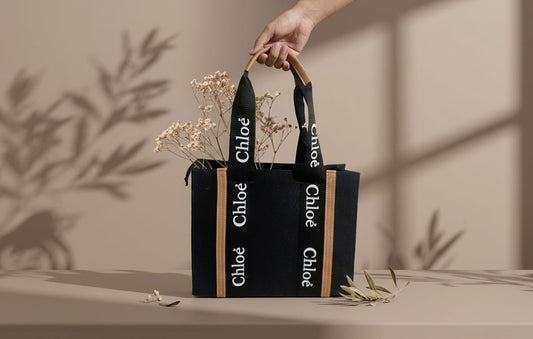 Black Canvas Tote with Tan Leather Trim & Logo Strap Detail