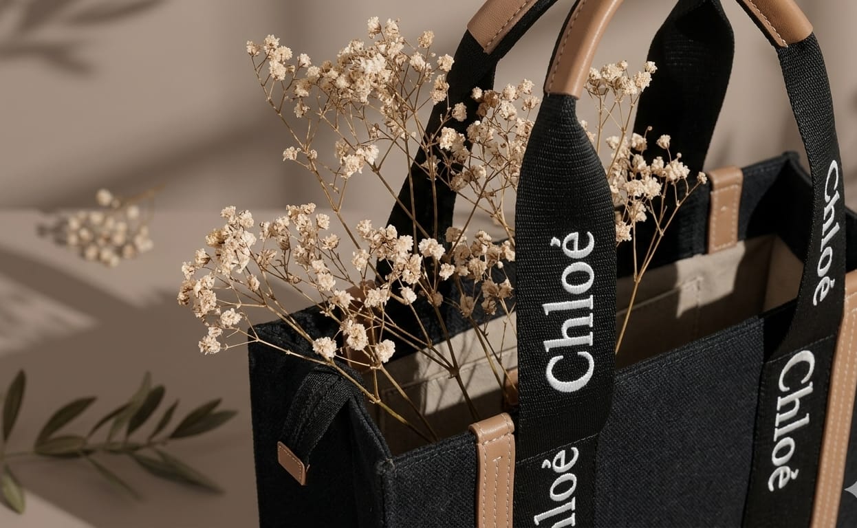Black Canvas Tote with Tan Leather Trim & Logo Strap Detail