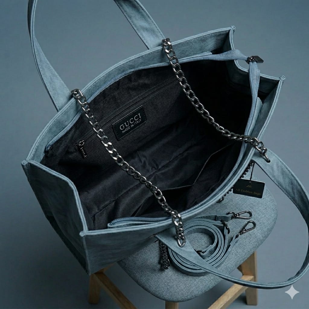 Slate Blue Swirl-Patterned Tote — Dual Chain Shoulder Bag with Crossbody Strap