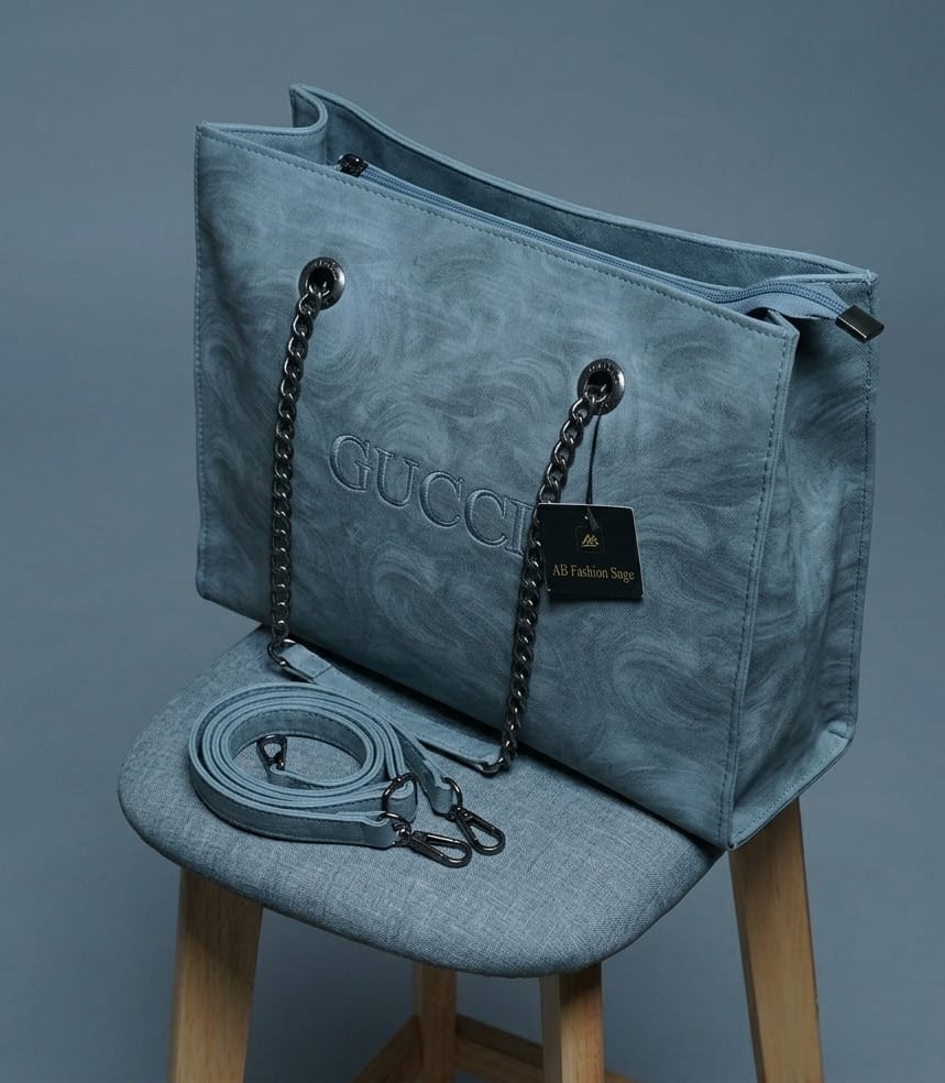 Slate Blue Swirl-Patterned Tote — Dual Chain Shoulder Bag with Crossbody Strap